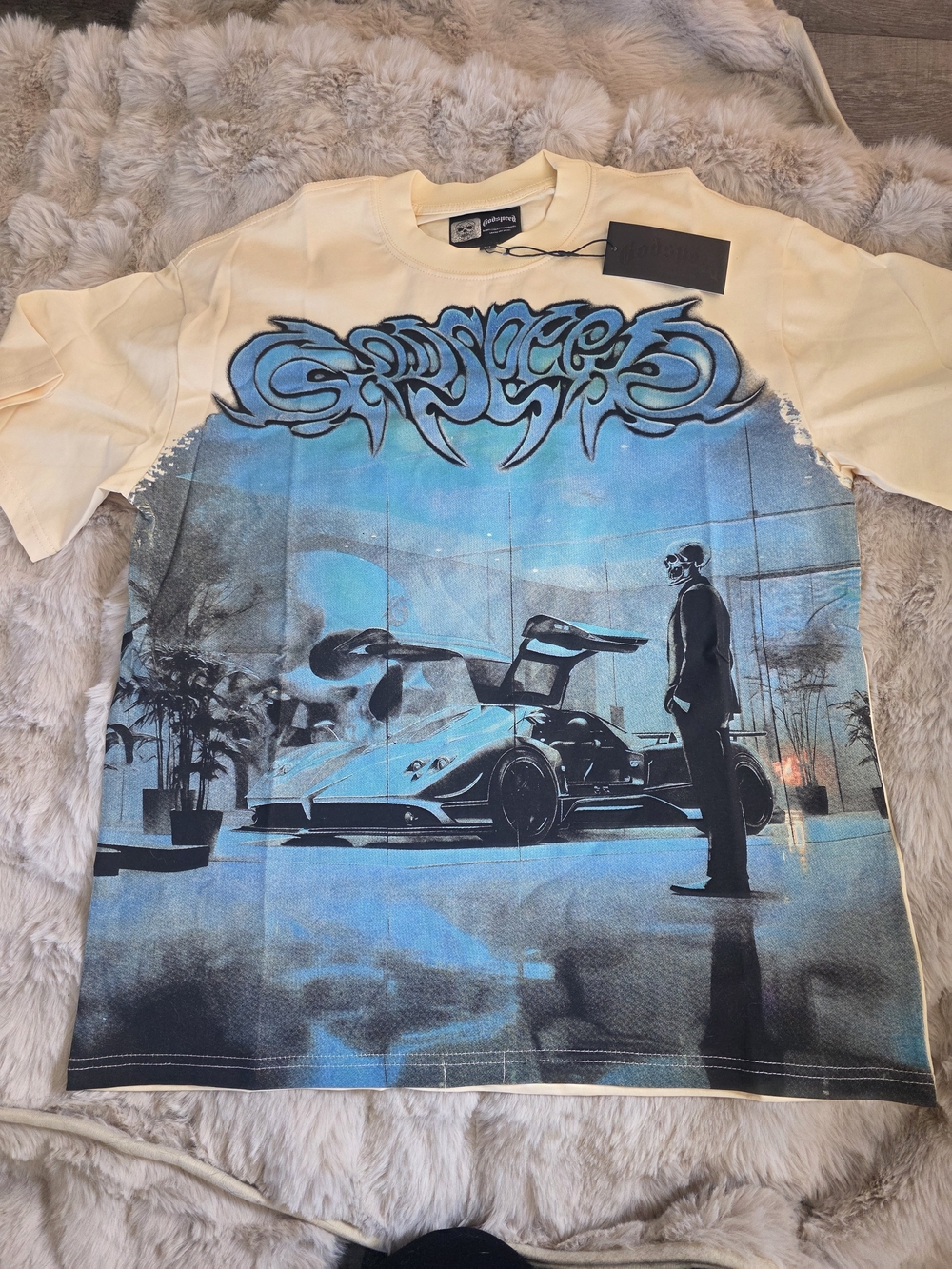 Cream Short-Sleeve Tee with Blue Sports Car Graphic